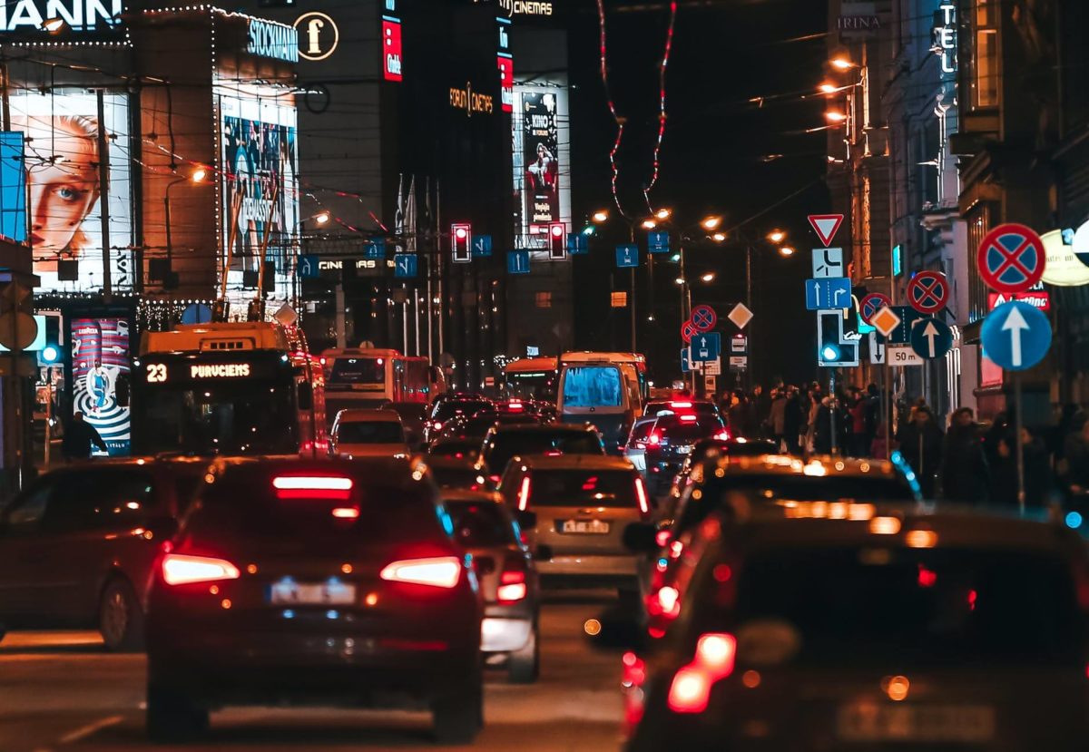 cars in a traffic jam during the nighttime