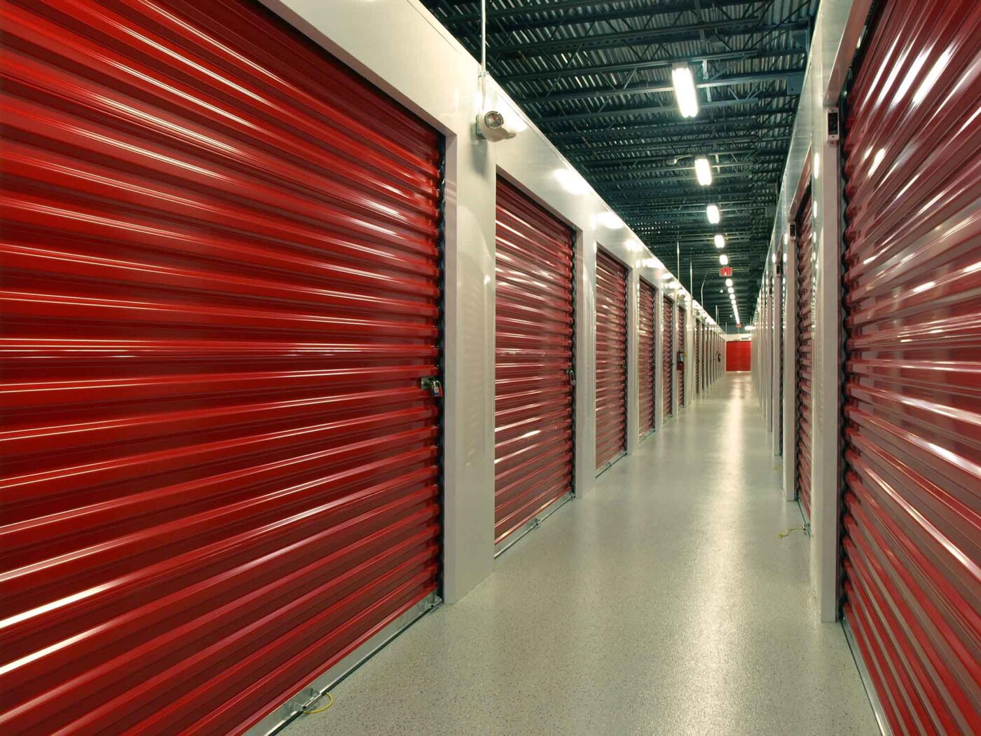 Red door Storage Units hallway perspective