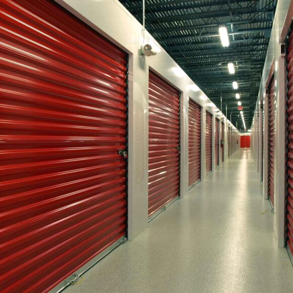 Red door Storage Units hallway perspective