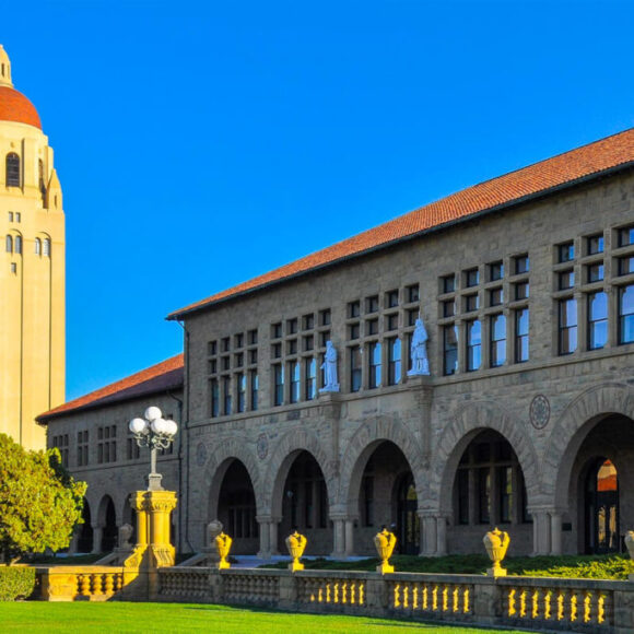 a view of a tower and building at Stanford University in Palo Alto