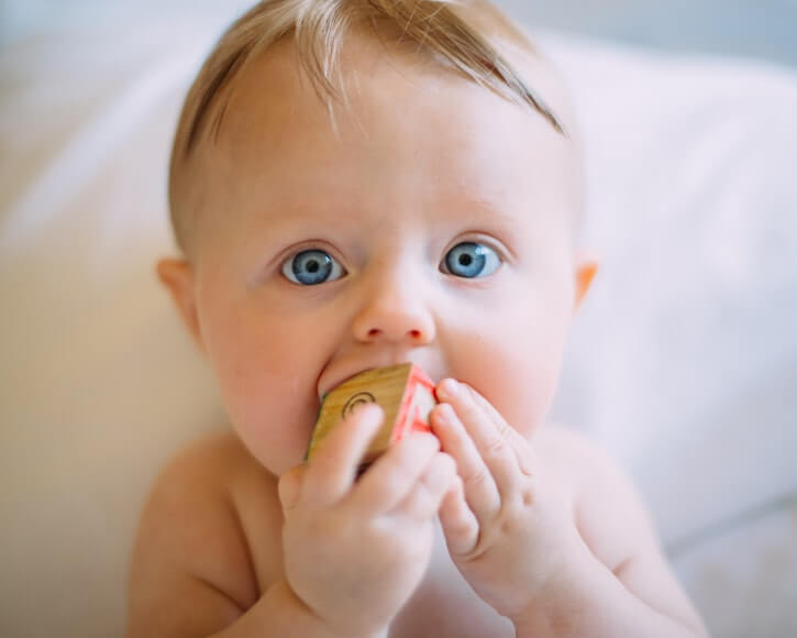 A baby with blue eyes chewing a toy