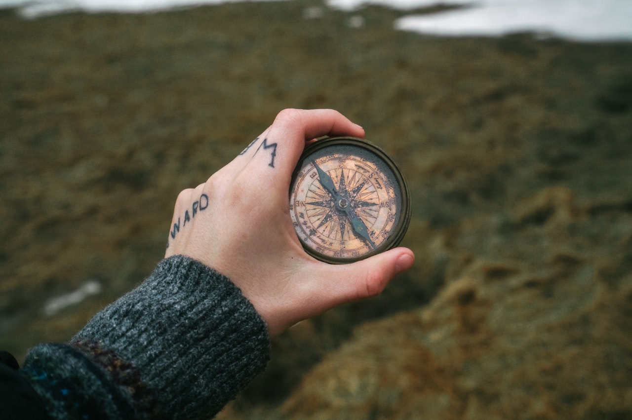 A tattooed hand holding a compass