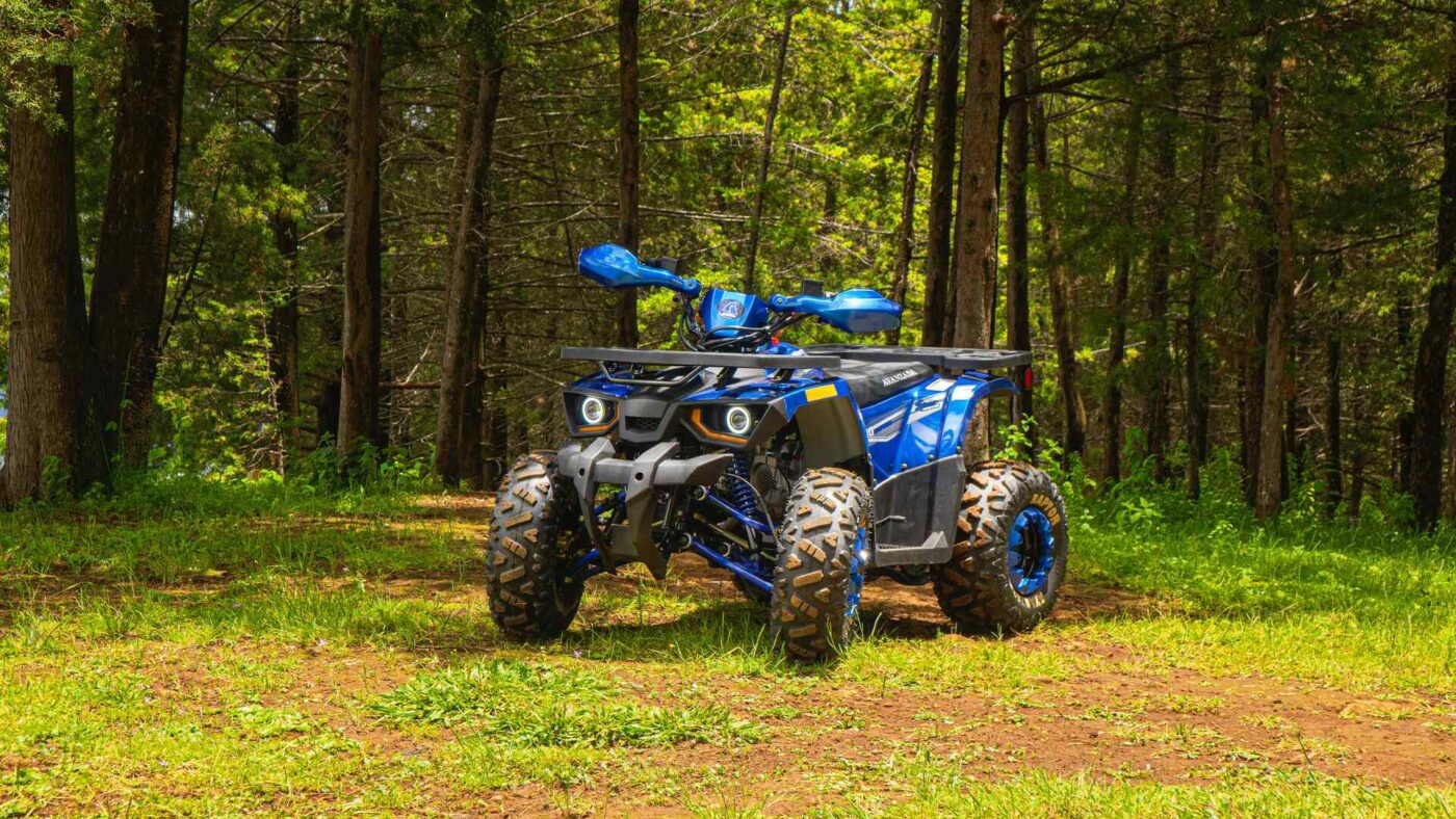Blue quad bike in forest