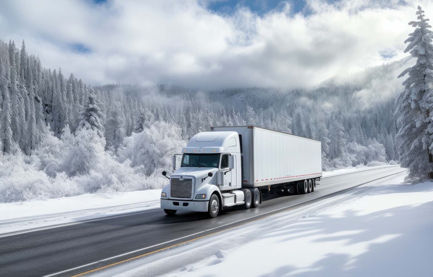 A large truck transports cargo during a winter storm. Thissymbolizes the strength and determination of the transportation industry in challenging weather conditions