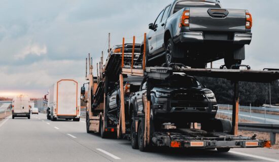 Car carrier trailer truck with brand new SUV cars