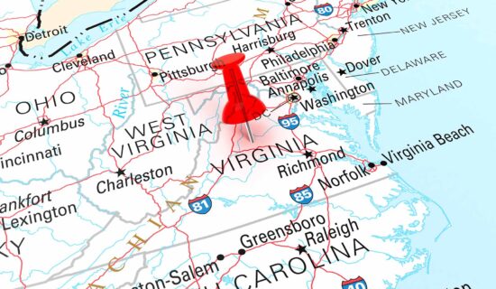 Red Thumbtack Over Virginia State USA Map. 3D rendering