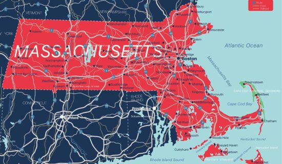 Massachusetts state detailed editable map with cities and towns, geographic sites, roads, railways, interstates and U.S. highways. Vector EPS-10 file, trending color scheme