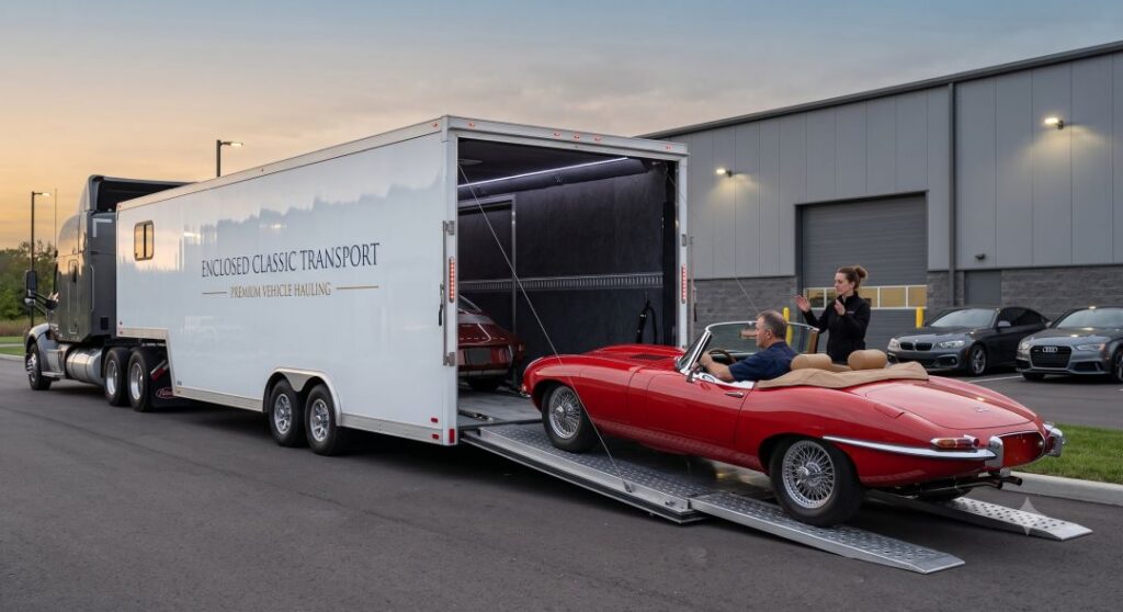 Classic sports car loading into an enclosed trailer