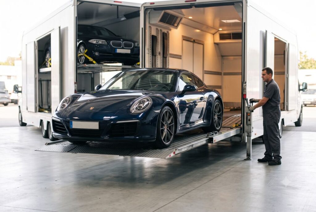 Luxury car being loaded into an enclosed auto transport trailer with a lift gate and wheel straps