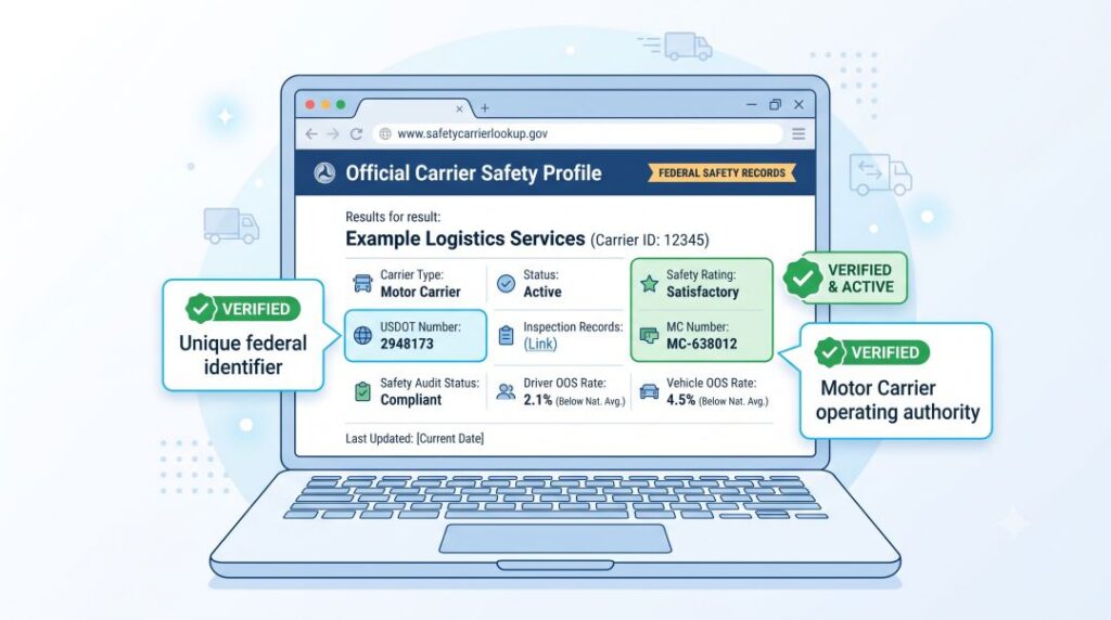 llustration of an FMCSA carrier lookup screen highlighting a company's USDOT number and MC Docket number
