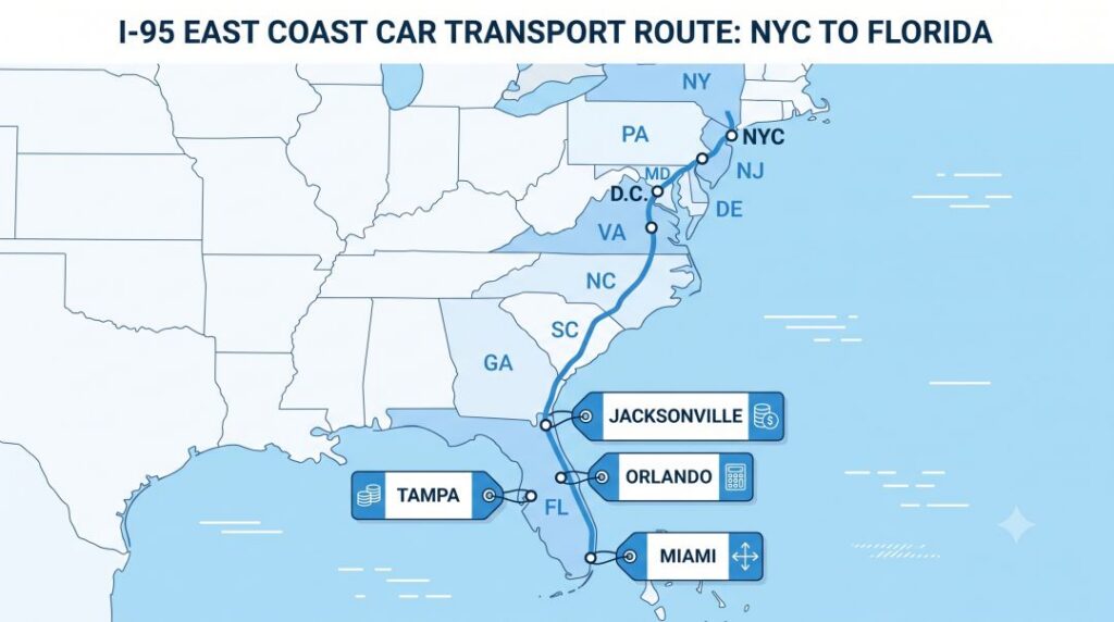 Map of the I-95 corridor from New York City to Miami with 2026 car shipping cost markers at Jacksonville, Orlando, Tampa, and Miami