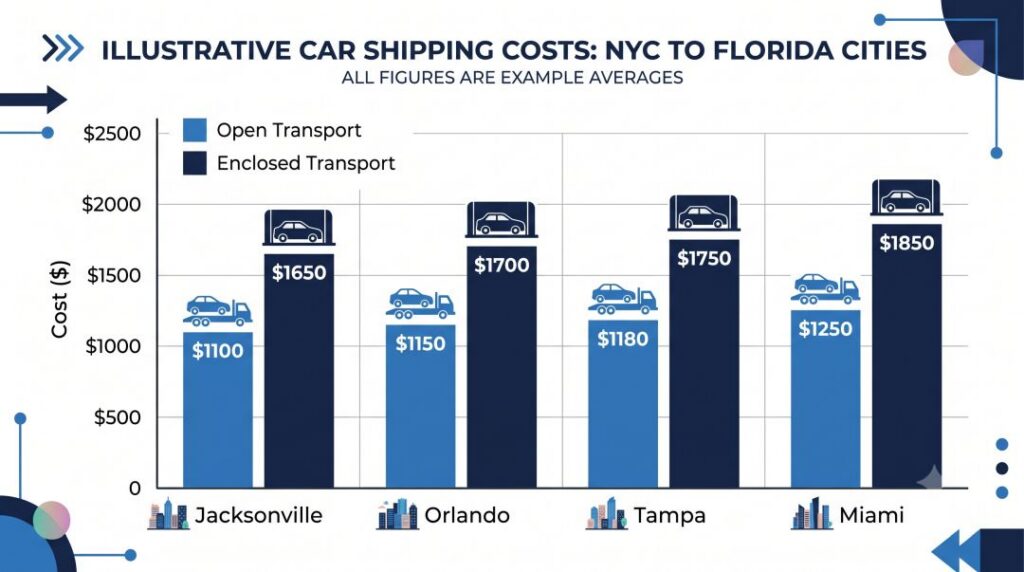 Bar chart comparing 2026 open and enclosed car shipping costs from New York to Jacksonville, Orlando, Tampa, and Miami