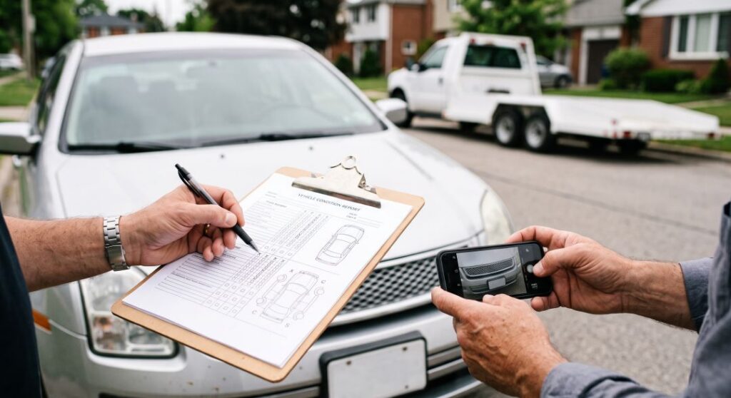 Driver and vehicle owner completing a condition inspection and signing the bill of lading at car shipping pickup