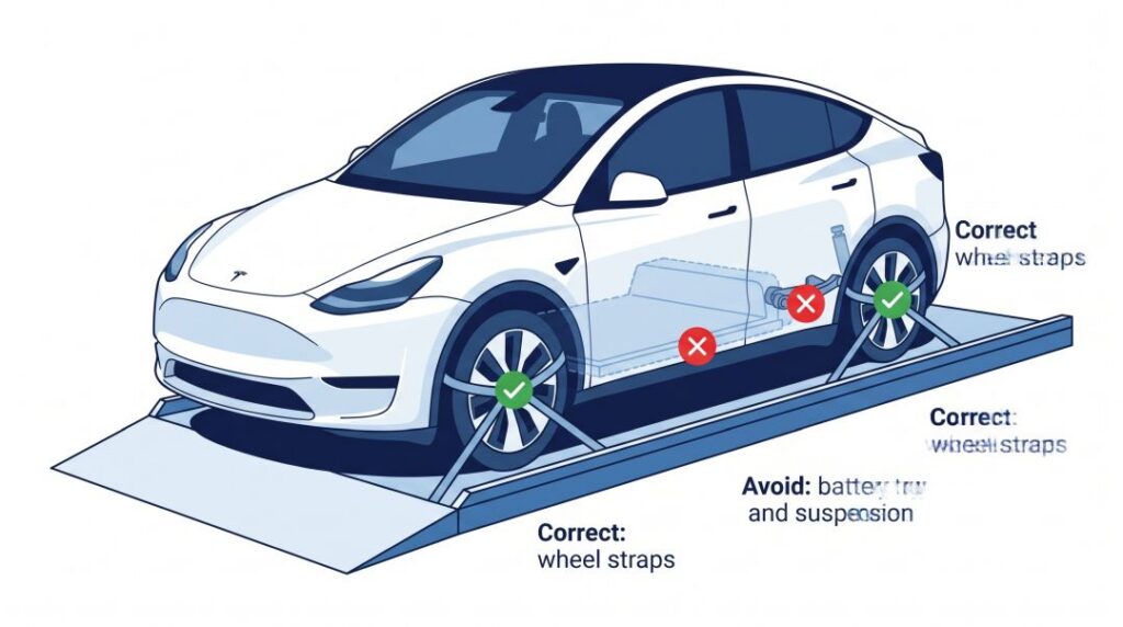 Diagram showing correct wheel-strap tie-down points on an electric vehicle and the battery tray and suspension areas to avoid