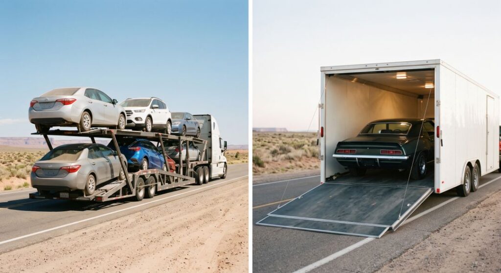Side by side comparison of an open car hauler carrying several vehicles and a fully enclosed auto transport trailer used for classic and luxury cars
