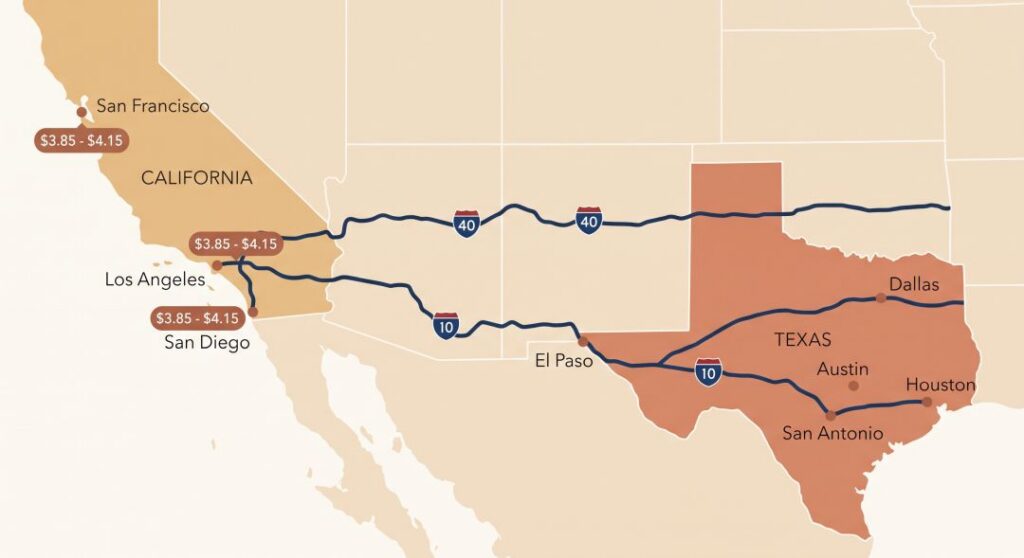 ap of the Texas to California car shipping corridor showing 2026 open transport cost ranges for Houston, Dallas, Austin, San Antonio, El Paso, Los Angeles, San Diego and San Francisco