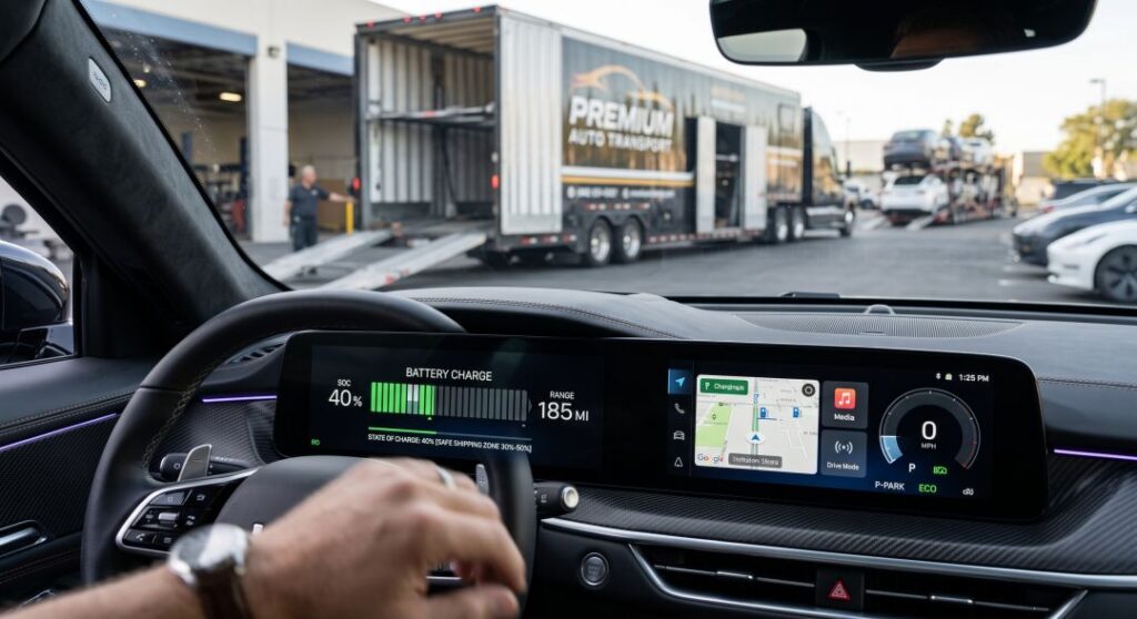 An electric vehicle dashboard displaying a 40 percent state of charge, which is within the industry standard range required for safe battery transport.