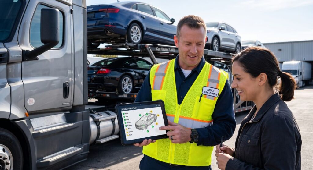 A professional auto transport driver reviewing an electronic Bill of Lading and digital vehicle inspection app on a tablet with a customer.