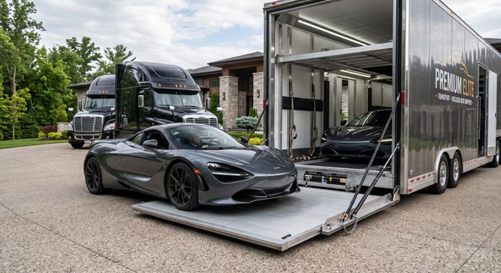 A luxury sports car being safely loaded into a premium enclosed auto transport trailer using a flat, horizontal hydraulic lift gate.