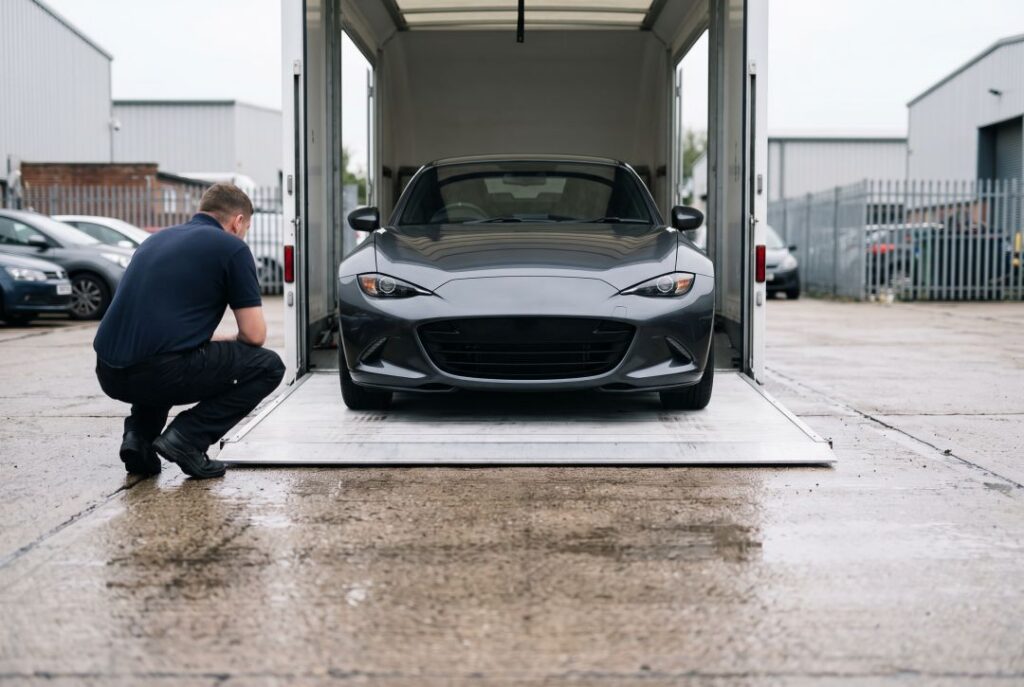 Low-clearance luxury car rolling onto a hydraulic lift gate level with the pavement for enclosed transport