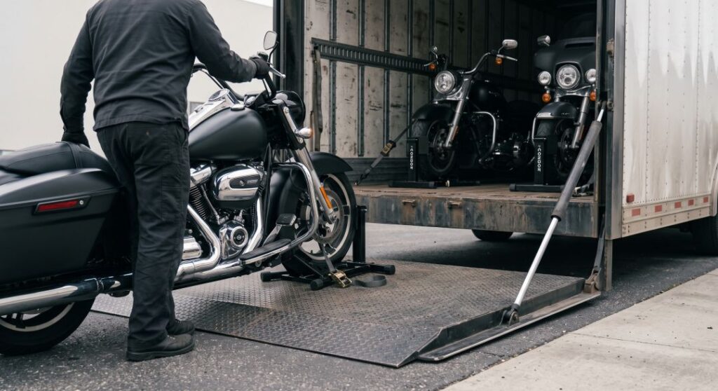 Motorcycle rolling flat onto a hydraulic lift gate at the rear of a hard-sided enclosed transport trailer