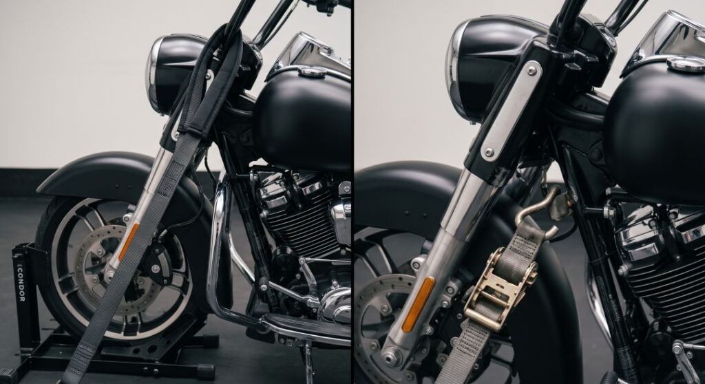 Side-by-side comparison of a correct soft nylon strap over the handlebar riser and an incorrect steel ratchet clamped to the frame with fully compressed forks