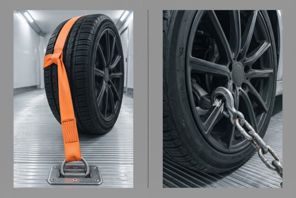 Close-up comparison of a soft-tie nylon wheel strap and a steel chain tie-down clamped to a car chassis