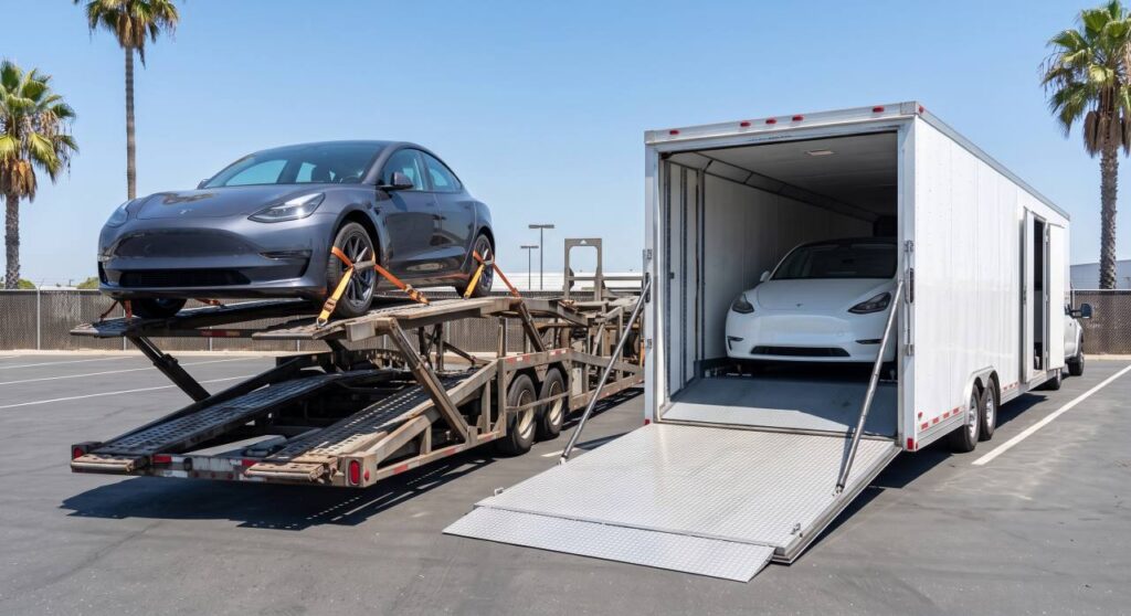 Open car carrier and enclosed trailer with lift gate showing two ways to ship an electric vehicle