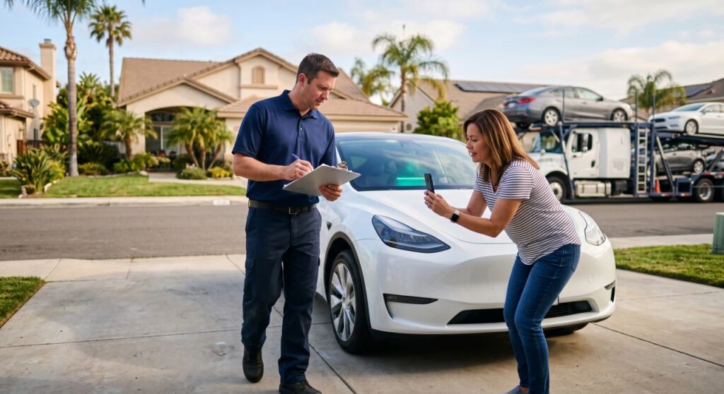 Driver and owner inspecting an electric vehicle and documenting its condition on the bill of lading before pickup