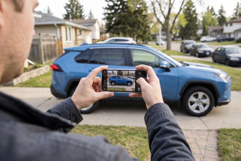 Natural outdoor daylight. A blue SUV is parked on a driveway on a residential street.
