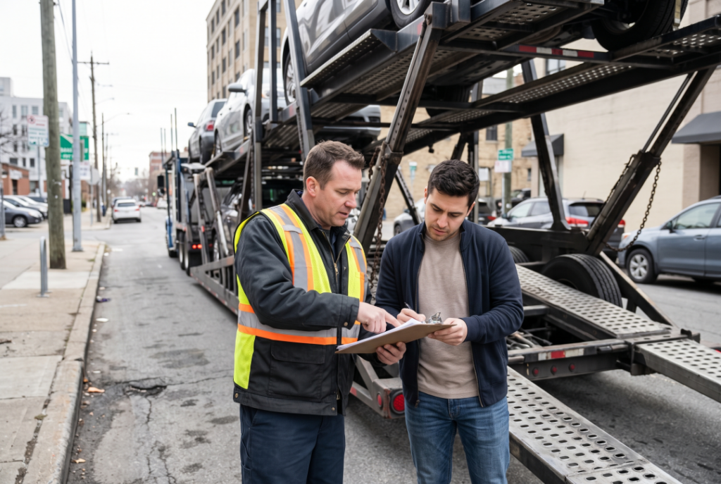 The driver, wearing a safety vest and carrying a clipboard, goes over paper documents with a customer who is reviewing them.