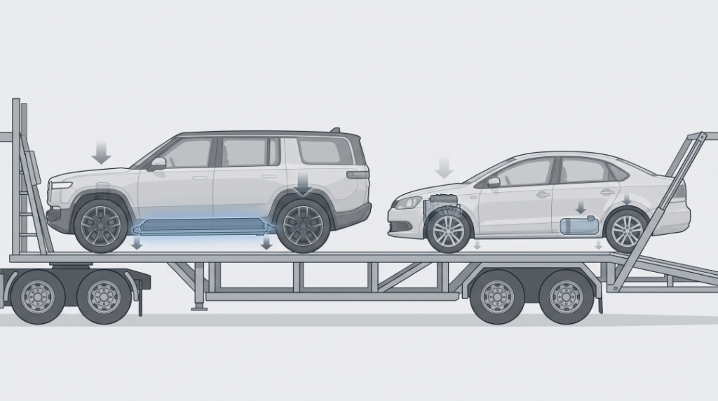 Cutaway illustration comparing a floor-mounted EV battery pack with a gas car engine and fuel tank on a car carrier deck