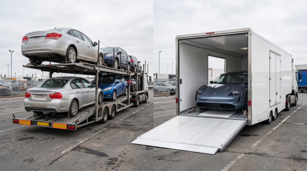 Open car carrier with everyday vehicles parked beside an enclosed trailer carrying a high-value electric car